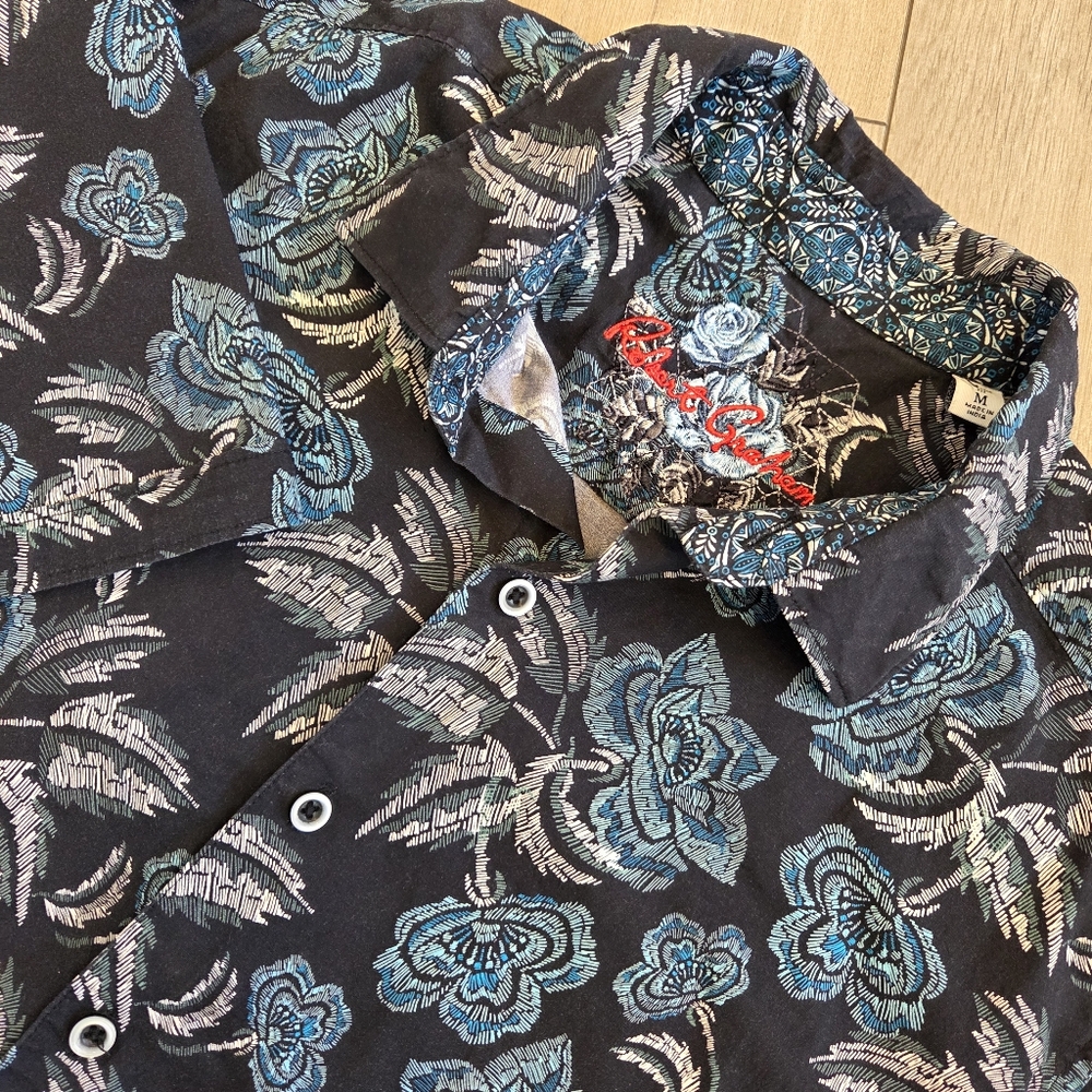 Robert Graham Floral Tropical Print Black Blue Short Sleeve Sport Shirt Men's M
